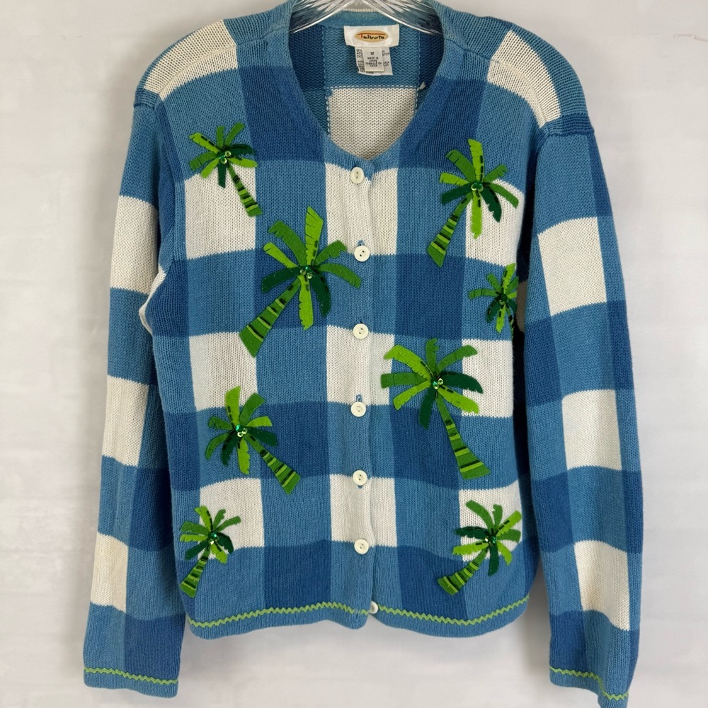 Talbots Women’s Blue Gingham Palm Tree Embellished Cardigan Sweater Size M